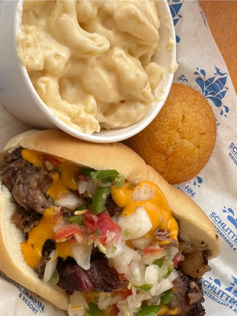 Comfort food break at Schlitterbahn: brisket sandwich and classic mac and cheese. Credit: Juan Alvarez via Facebook