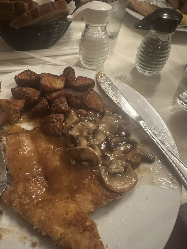 Alpine Haus’ take on a Jäger-Rahm Schnitzel, served with mushroom gravy and roasted potatoes. Credit: Brenda Saltarelli Walker via Facebook