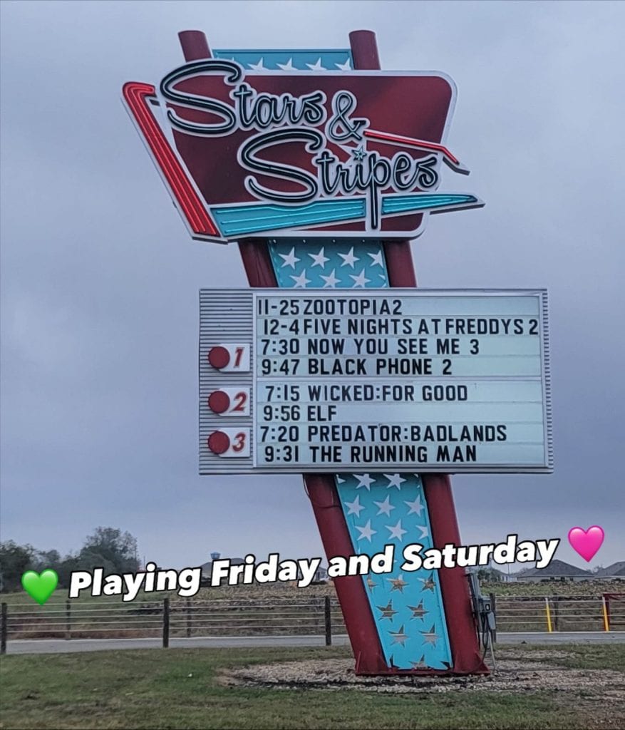 The movie board at Stars & Stripes Drive-In lights up with new releases like Wicked for Good and Now You See Me 3. Credit: @starsandstripesdriveinnb via Instagram