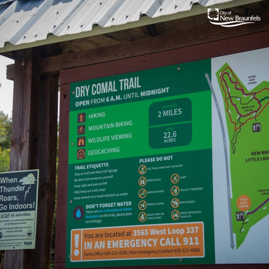 Trail details at a glance; visitors can plan their hike along Dry Comal Creek Trail with this helpful sign. Credit: @nbparksandrec via Instagram