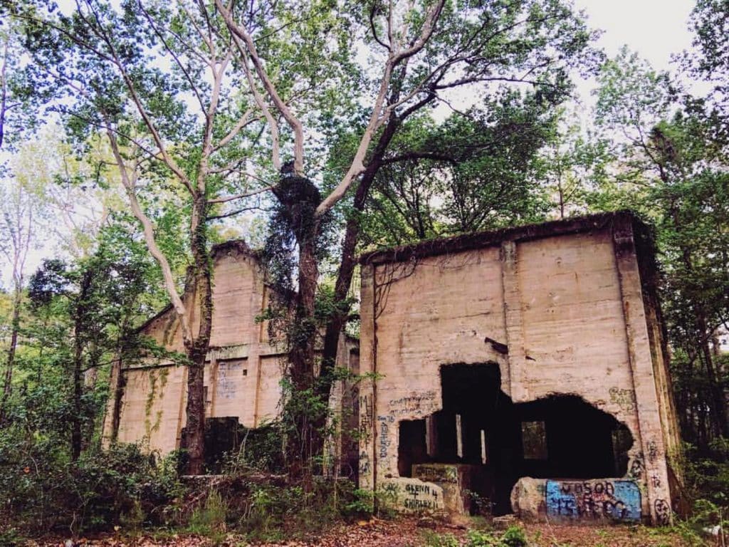 The Old Aldridge Sawmill — built in 1905 and now reduced to concrete walls, foundations, and an overgrown mill pond — remains one of Texas’s eeriest industrial ruins. Credit: @etxtraveler via Instagram