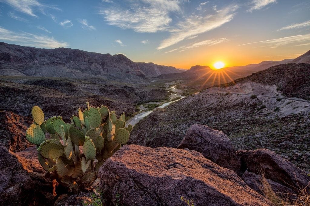 Prickly pear, river, and sunrise at Big Bend Ranch State Park—an image straight out of the American West.