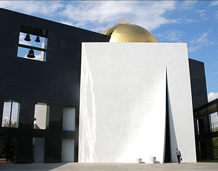 Clean lines and bold geometry define the façade of the Chapel of St. Basil on the University of St. Thomas campus.