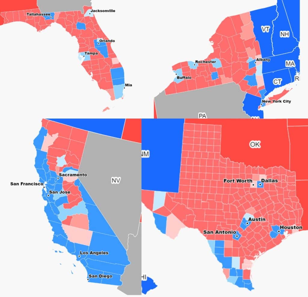 People love to say Texas is “all conservative,” but maps like this show a more nuanced reality. Urban hubs lean blue, rural regions stay red — proving that the Lone Star political landscape is anything but simple.