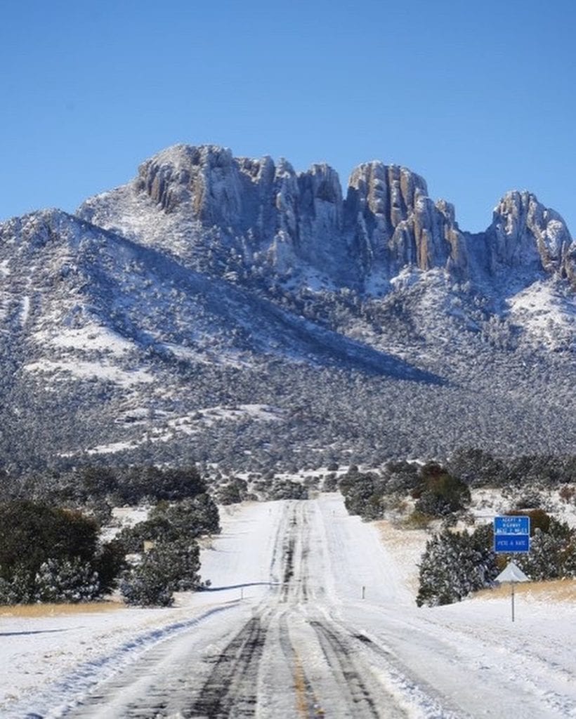 A rare winter scene in the Davis Mountains, offering Texans a chance to ski close to home. Credit: @visittexas via Instagram