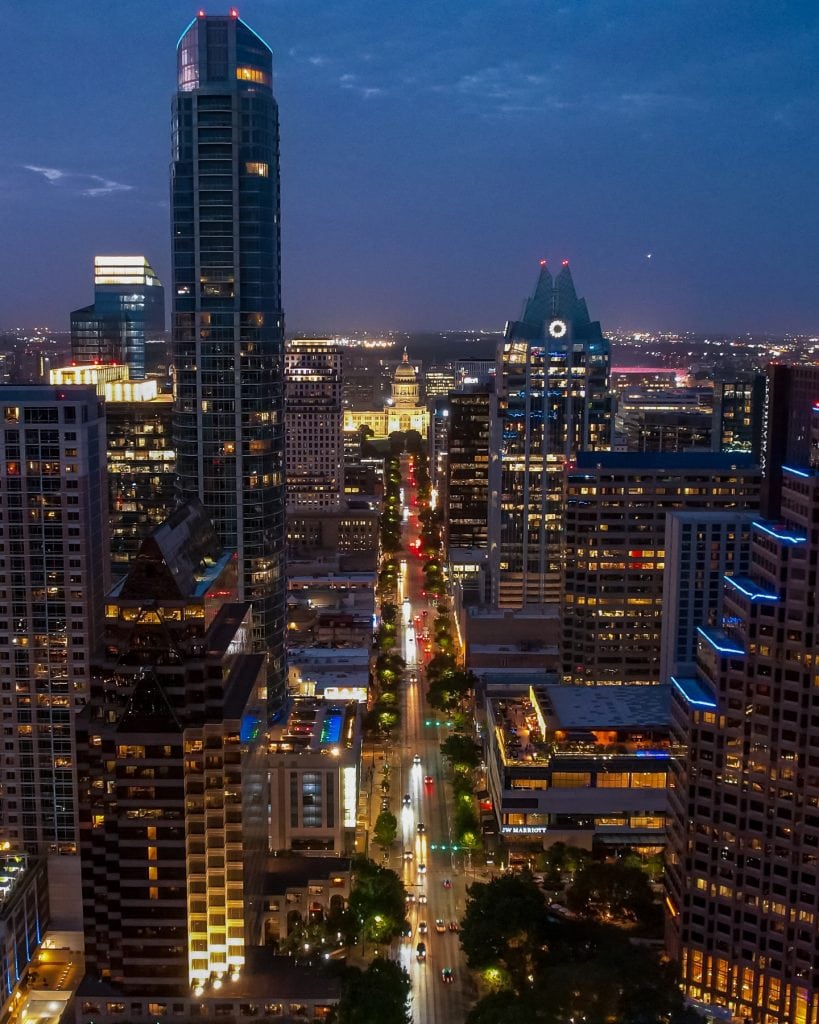The hustle and bustle of downtown Austin, where the city never quite slows down. Credit: @aerialaustin_ via Instagram