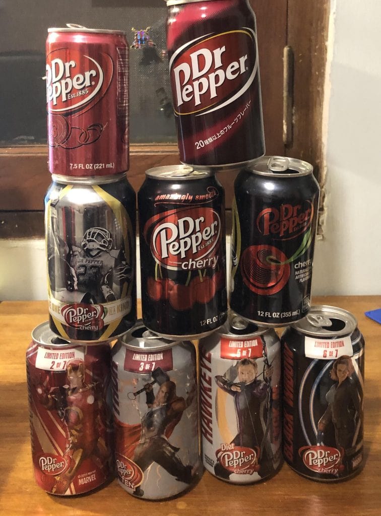 A lineup of Dr Pepper cans proudly featuring limited-edition Marvel hero designs — a fun crossover between Texas’ iconic soda and pop culture. Credit: u/shardy97 via r/DrPepper
