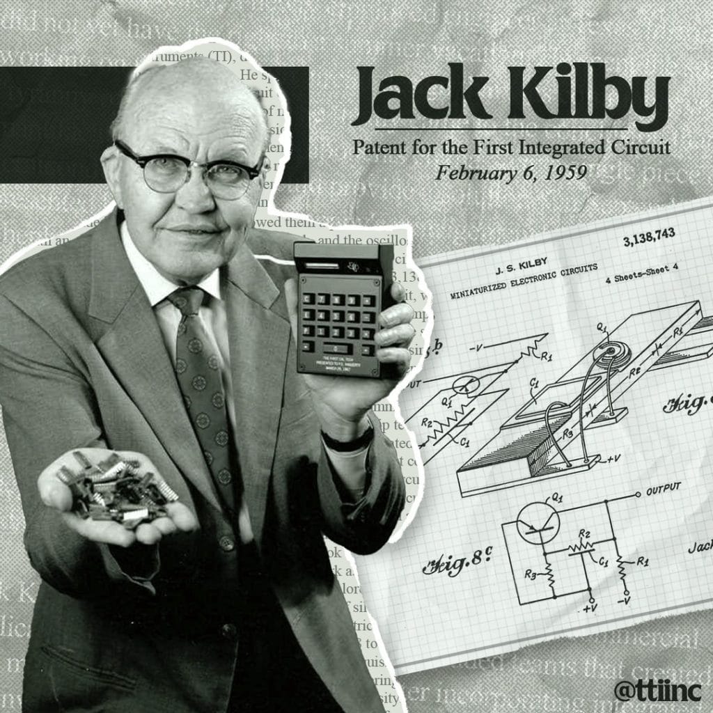 Jack Kilby with the prototype of the first integrated circuit — the tiny microchip that helped launch the modern electronics era. Credit: @ttiinc via Instagram