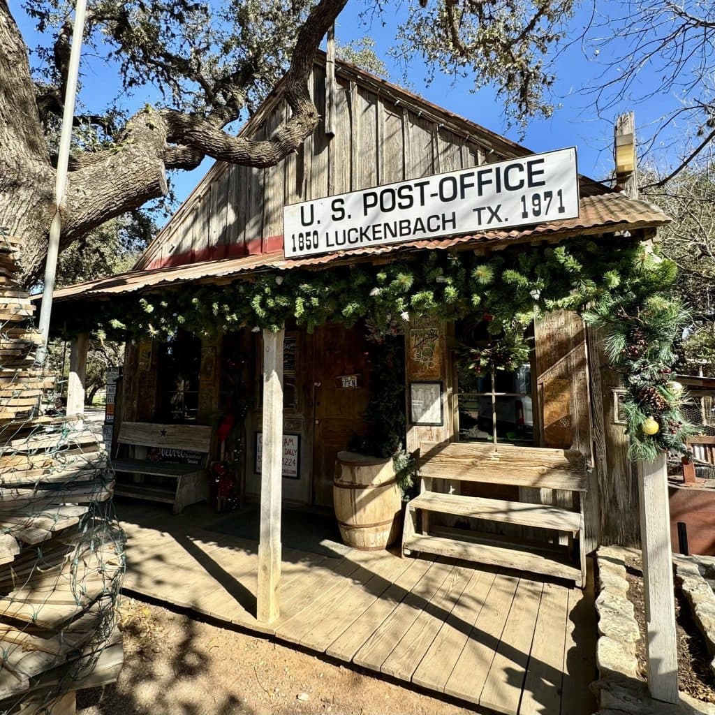 Welcome to Luckenbach, Texas — where the old post office rests, the General Store keeps buzzing, and the spirit of Willie & Waylon still drifts through the dancehall. Credit: @visitfredtx via Instagram