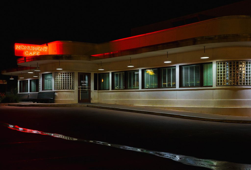 Nighttime at the Monument Café is a beloved downtown staple known for its comfort cooking and community charm. Credit: u/auwaeinfocus via r/georgetowntx