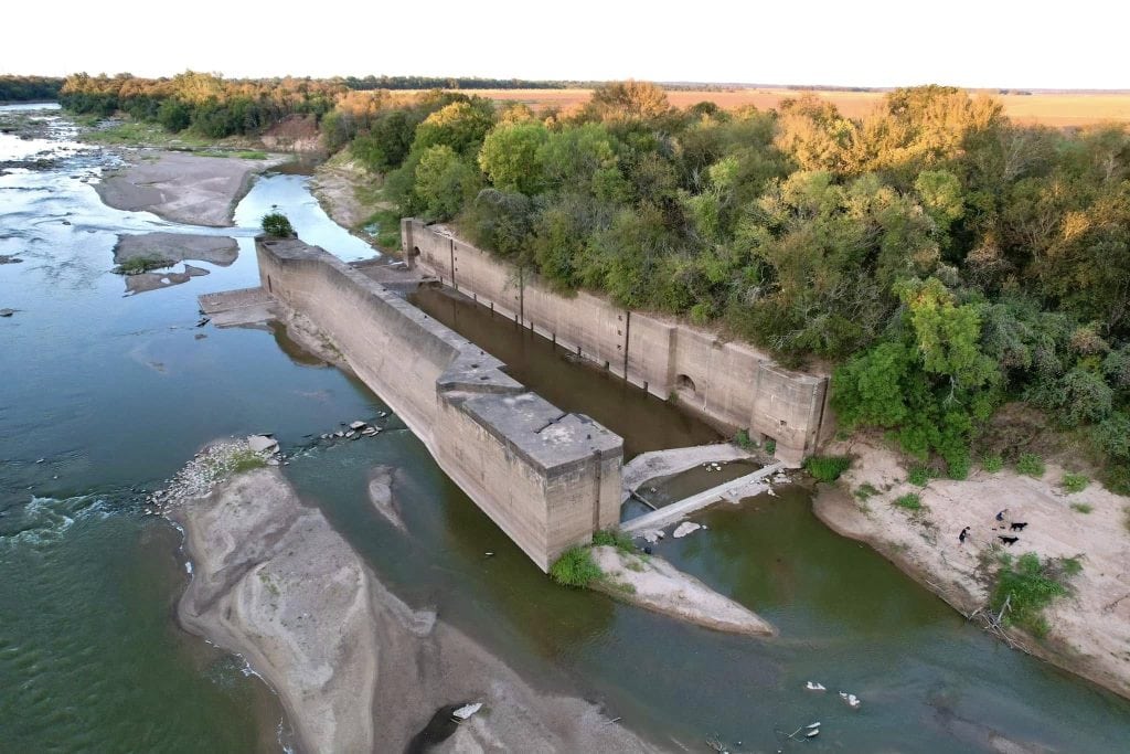 Port Sullivan Lock with water levels so low one could walk the riverbed and stand beside the old concrete structures—hard to believe steamboats once traveled the Brazos here. Credit: Chreyl AW via Facebook