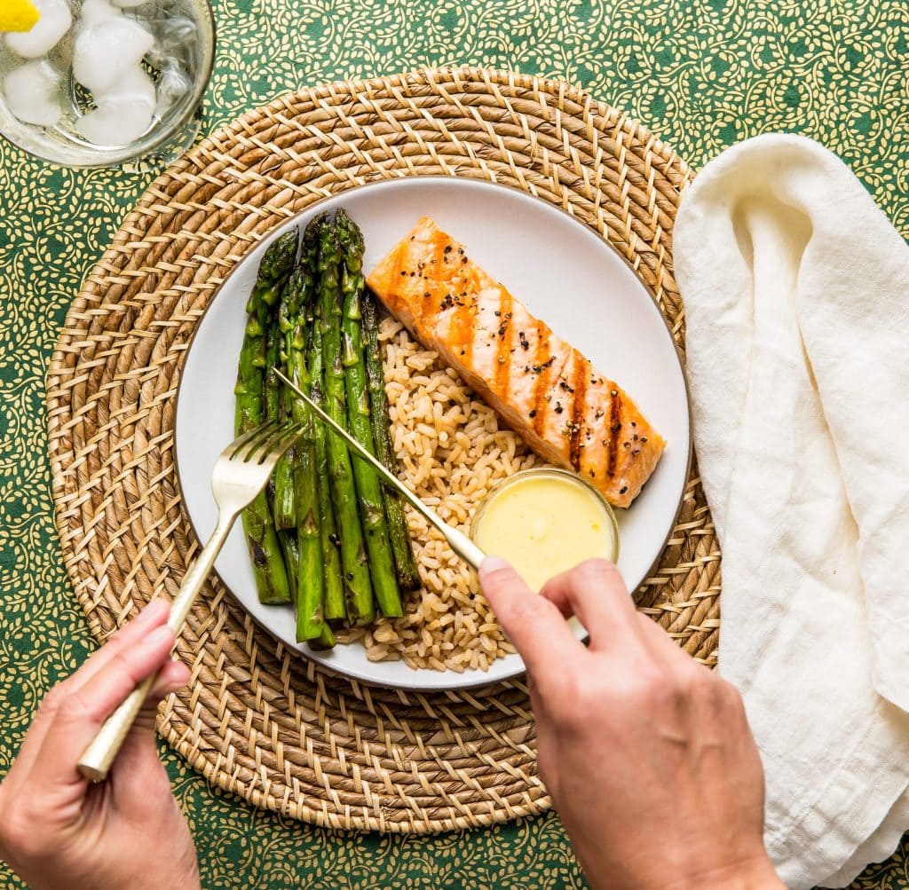 Healthy salmon + asparagus plate from Snap Kitchen — ready-to-eat and nutritious. Credit: @snapkitchen via Instagram