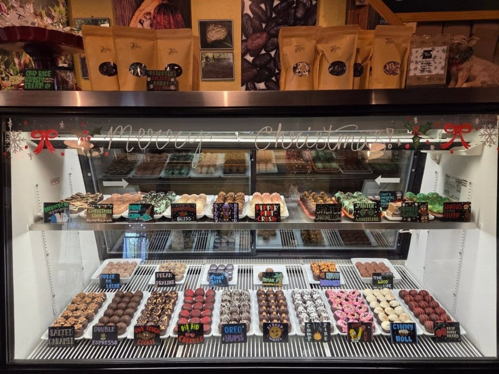 A tempting chocolate display at Tejas Chocolate & Barbecue, where sweets meet smokehouse flavors. Credit: @tejaschocolate via Instagram
