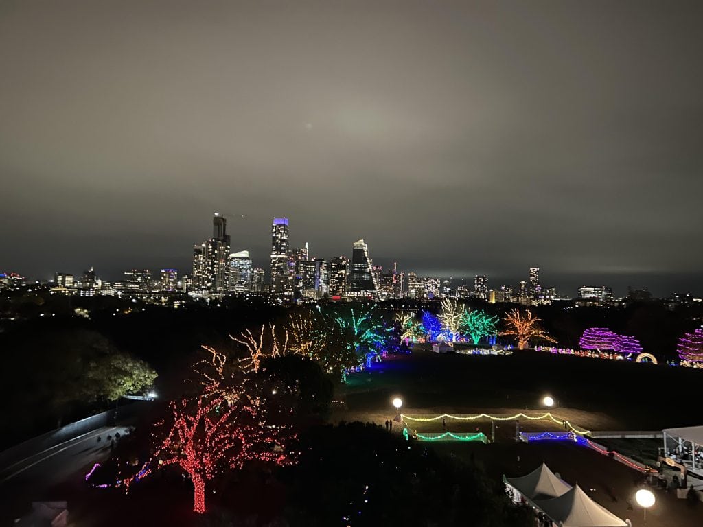 Aerial view of Austin’s Trail of Lights winding through Zilker Park. Credit: u/cdvallee via r/Austin