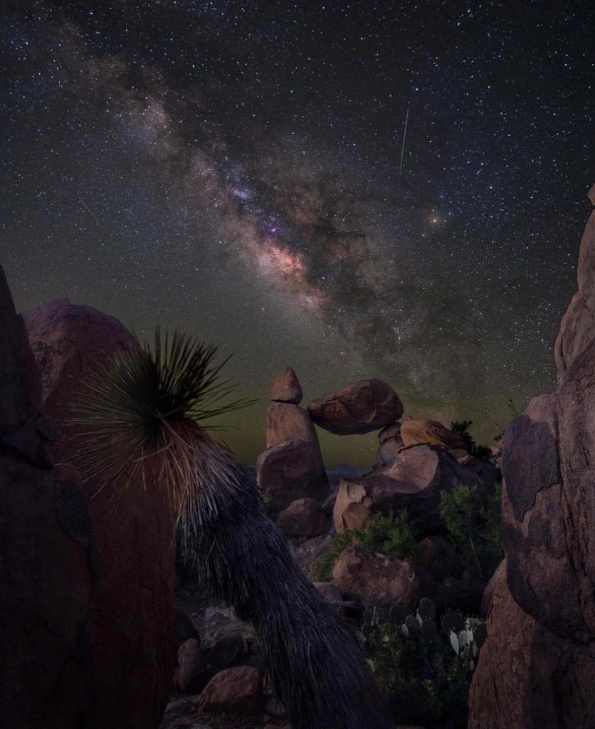 An incredible view of the Milky Way rising above Balanced Rock in Big Bend National Park—where rugged desert landscapes meet breathtaking night skies. Credit: @willowhouse_ via Instagram
