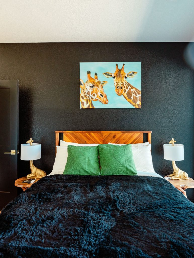 An elegant giraffe-themed room at Blue Hills Ranch—luxury meets safari vibes. Credit: @eastsideatxmag via Instagram