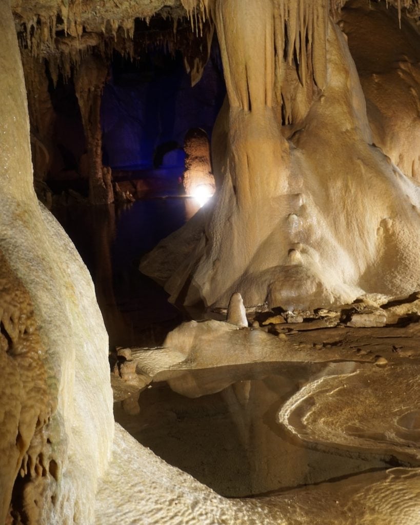 The surreal, crescent-shaped rim pool known as the Lake of the Moon is one of Inner Space Cavern’s most breathtaking natural features. Credit: @innerspacecavern via Instagram