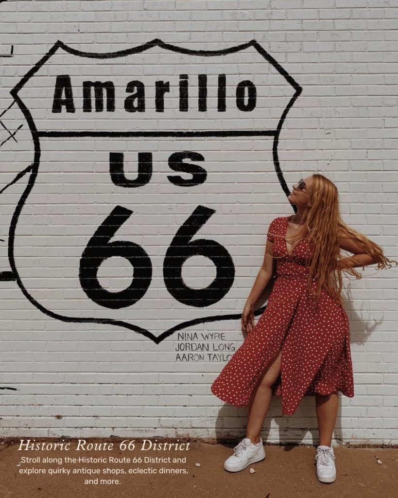 Historic U.S. Route 66 Historic District sign in Amarillo — affordable living near icons like Palo Duro Canyon, Cadillac Ranch, and The Big Texan Steak Ranch. Credit: @visit_amarillo