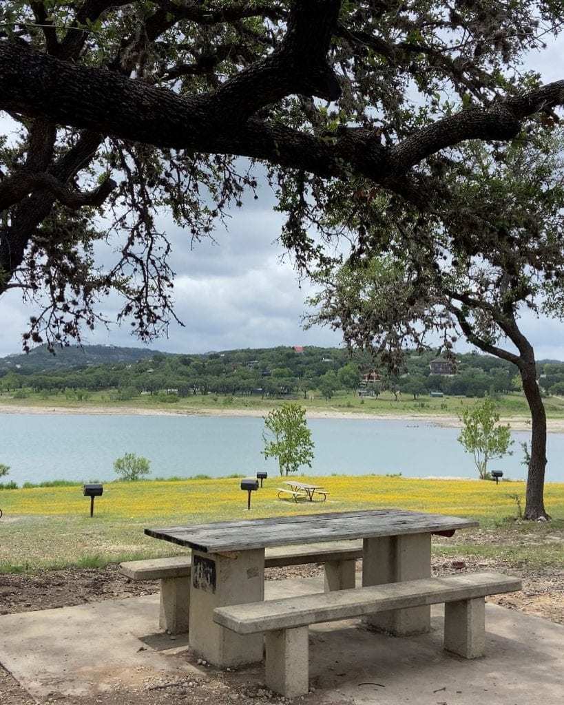 A peaceful rest area at Comal Park, where you can sit back and enjoy views of Canyon Lake. Credit: @comalpark_ via Instagram