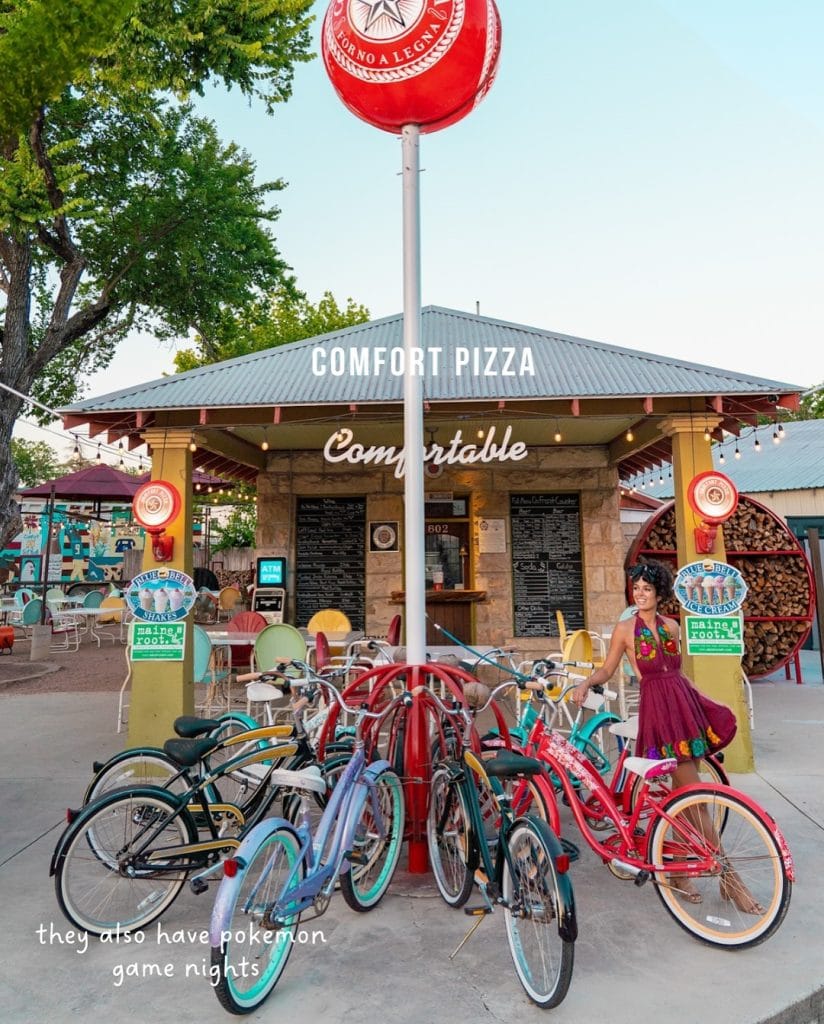 The inviting exterior of Comfort Pizza in Comfort, Texas—a casual local favorite in this quiet Hill Country town. Credit: @mycurlyadventures_ via Instagram