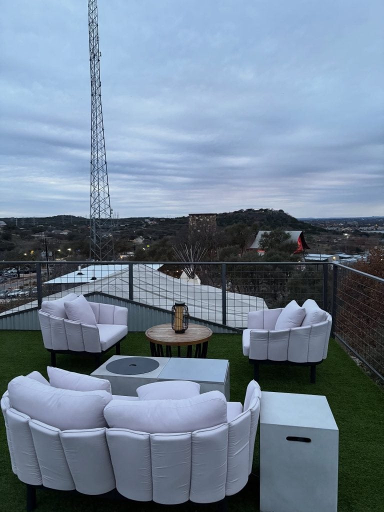 The outdoor patio and lounge area of the Star Dome cabin offers cozy seating, tables, and space for a bonfire—perfect for relaxed evenings under the sky. Credit: @douks_mouna via Instagram