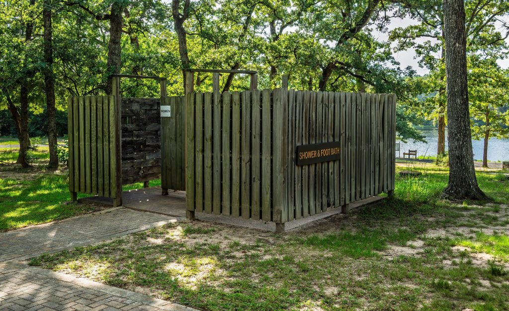 The shower and foot bath facilities at Fort Boggy State Park. Cabins are available here, but restrooms and showers are shared. Credit: Jim Holland via Facebook