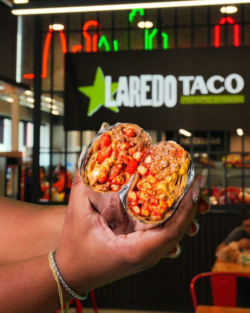 A Flamin’ Hot Cheeto burrito from Laredo Taco Company. Gas-station creativity at its most unhinged. Credit: @laredotacoco via Instagram