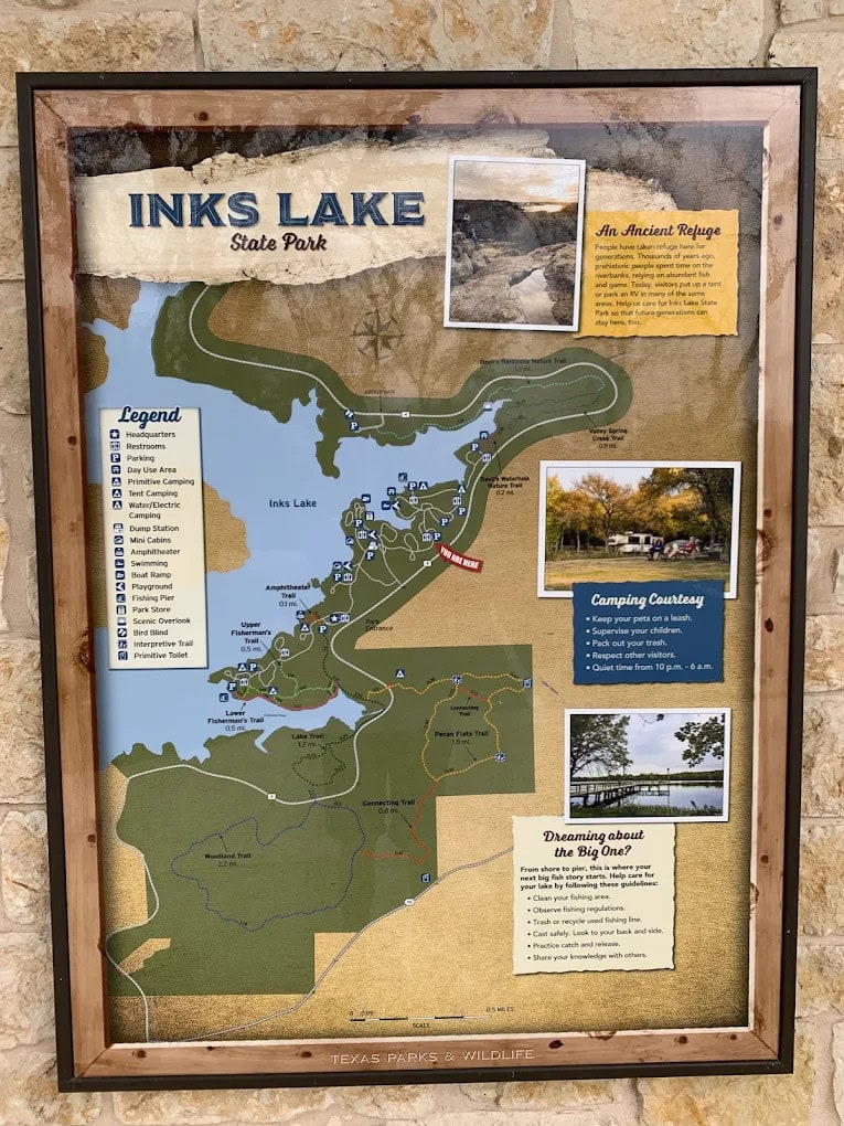 A detailed map of Inks Lake helps guests explore trails, picnic areas, and scenic spots with ease. Credit: Soo Chin