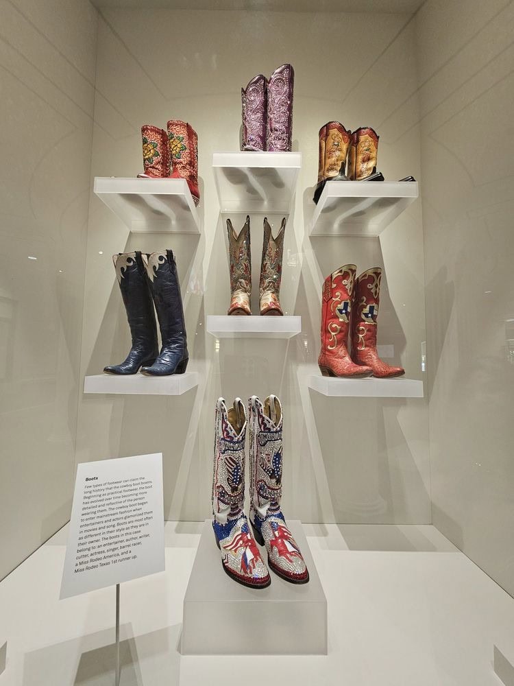 Cowgirl boots used in rodeos are displayed, fashionable and full of history. Credit: Delaney S.