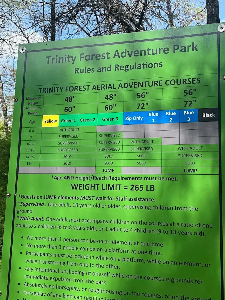 A rules and regulations signboard outlines age and height requirements, ensuring safety for all adventurers. Credit: Taylor Nguyen