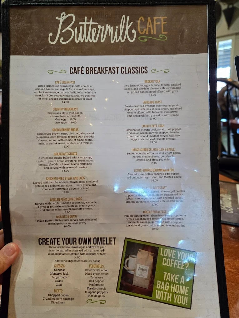 The breakfast classics menu at Buttermilk Café shines, complete with a “Create Your Own Omelet” option for personalized flavor Credit: Sam Vitier
