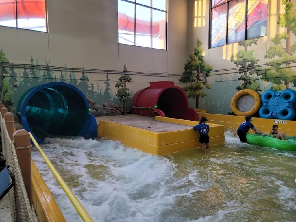 The landing area of two thrill slides gushes with water, showing just how fast and exciting the ride is. Credit: Sally Dee