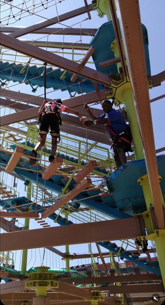 A tightrope balance obstacle course highlights the lodge’s dry activities, adding variety beyond the water fun. Credit: Mel S.