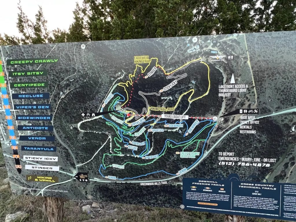 A detailed map highlights the bike trails and amenities across Spider Mountain Bike Park. Credit: Kevin Baker