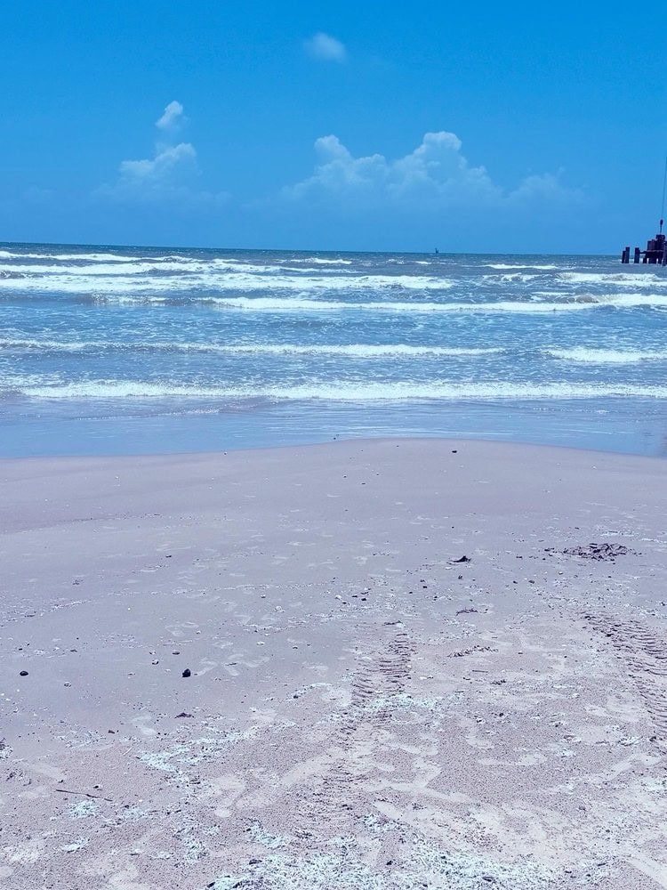 The sandy beach stretches wide, perfect for swimming, strolling, or relaxing by the waves. Credit: Sarah G.