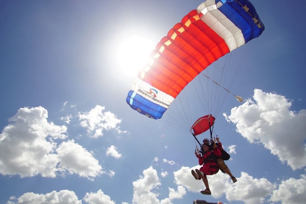 Another tandem dive shows the parachute open, gliding smoothly toward descent. Credit: Joseph C.