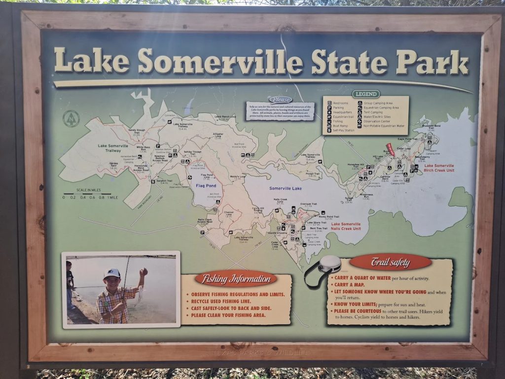 A map of Lake Somerville State Park helps visitors explore trails, campsites, and equestrian routes. Credit: Marie Robinson