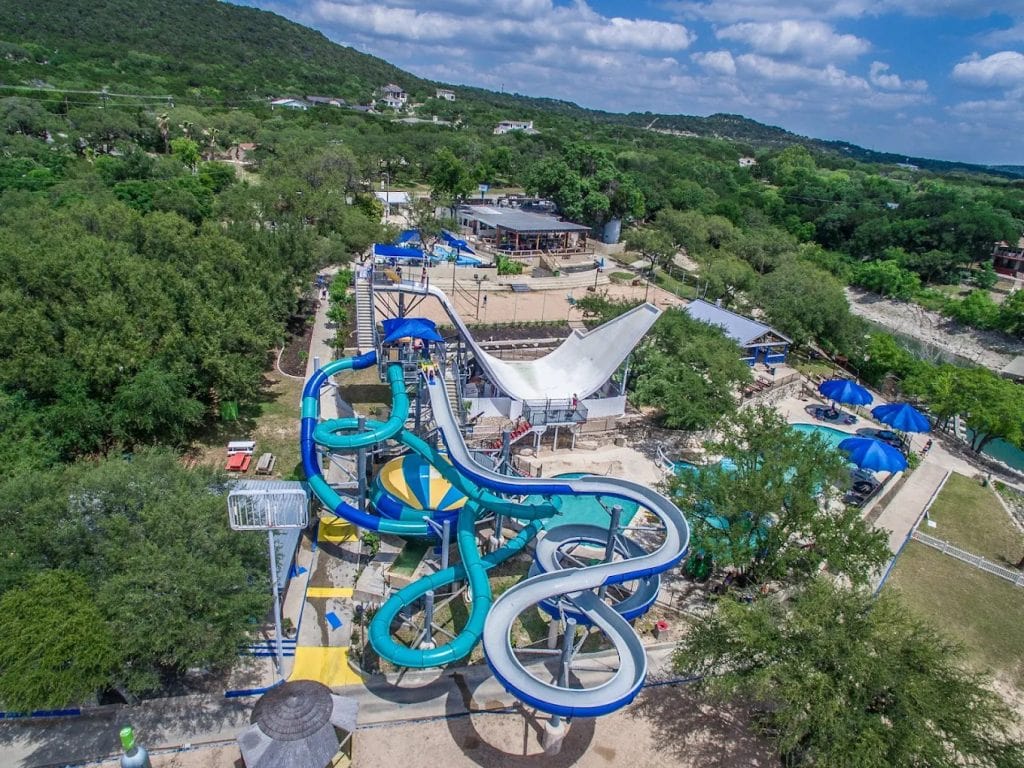 An aerial view of Volente Beach Resort and Waterpark shows the Texas Twister slide as its undeniable centerpiece. Credit: Volente Beach Resort & Waterpark