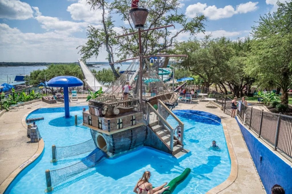 The Pirate Ship Splash Zone at Volente Beach features a literal ship in the pool, making it pure heaven for kids. Credit: Volente Beach Resort & Waterpark