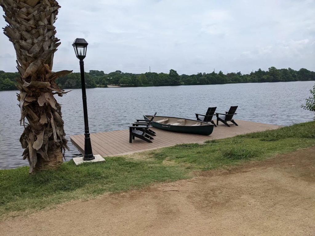 Docks with lounge chairs invite visitors to relax and watch the lake’s calm waters drift by. Credit: Stacy Horton