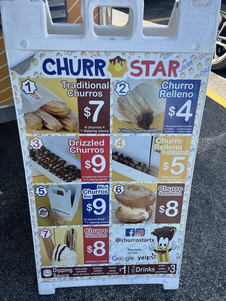 Their menu stand offers tempting churro variations, all under ten dollars and delightfully affordable. Credit: Monica G.