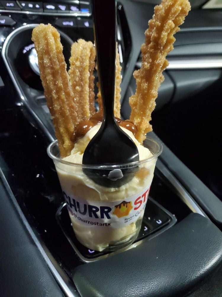 The churro sundae pairs crispy churros with creamy vanilla ice cream for a perfect crunchy‑smooth combo. Credit: Megan C.