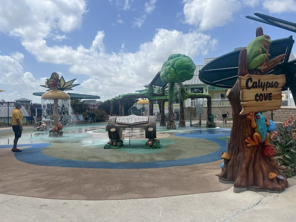 Calypso Cove’s splash zone combines playful rain curtain effects with a lively music garden. Credit: Kelley K.