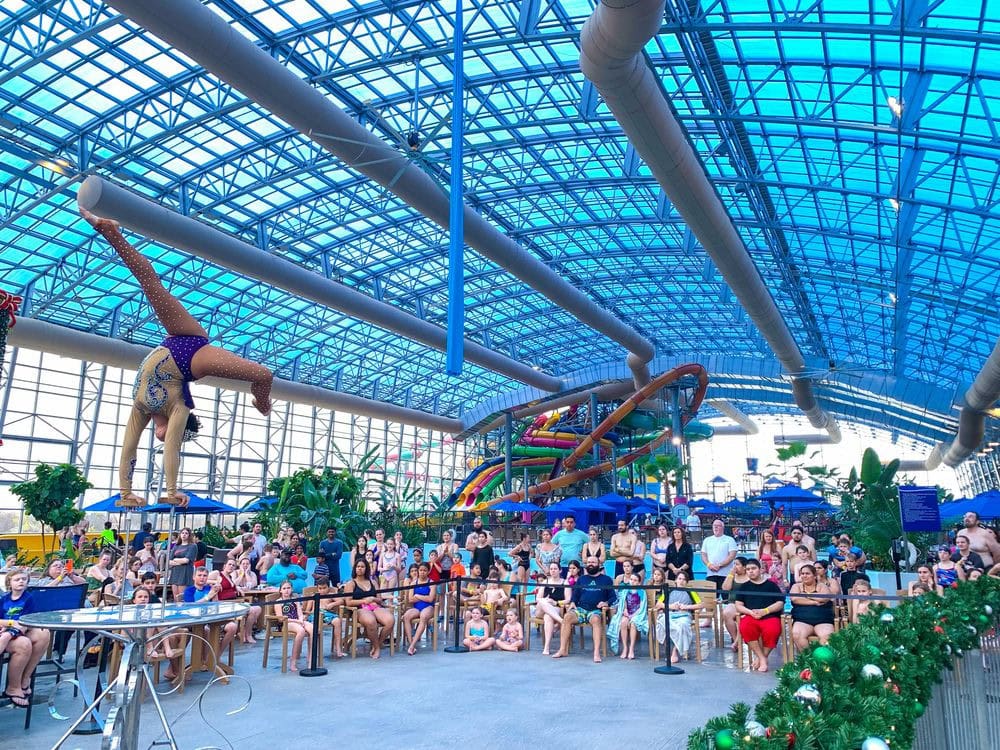 A circus show inside the waterpark offers family entertainment beyond swimming. Credit: Epic Waters Indoor Waterpark