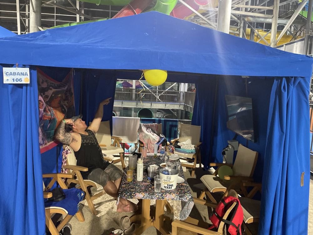 Private cabanas for rent come with tables, chairs, and even TVs for comfort and privacy. Credit: Sharon L.