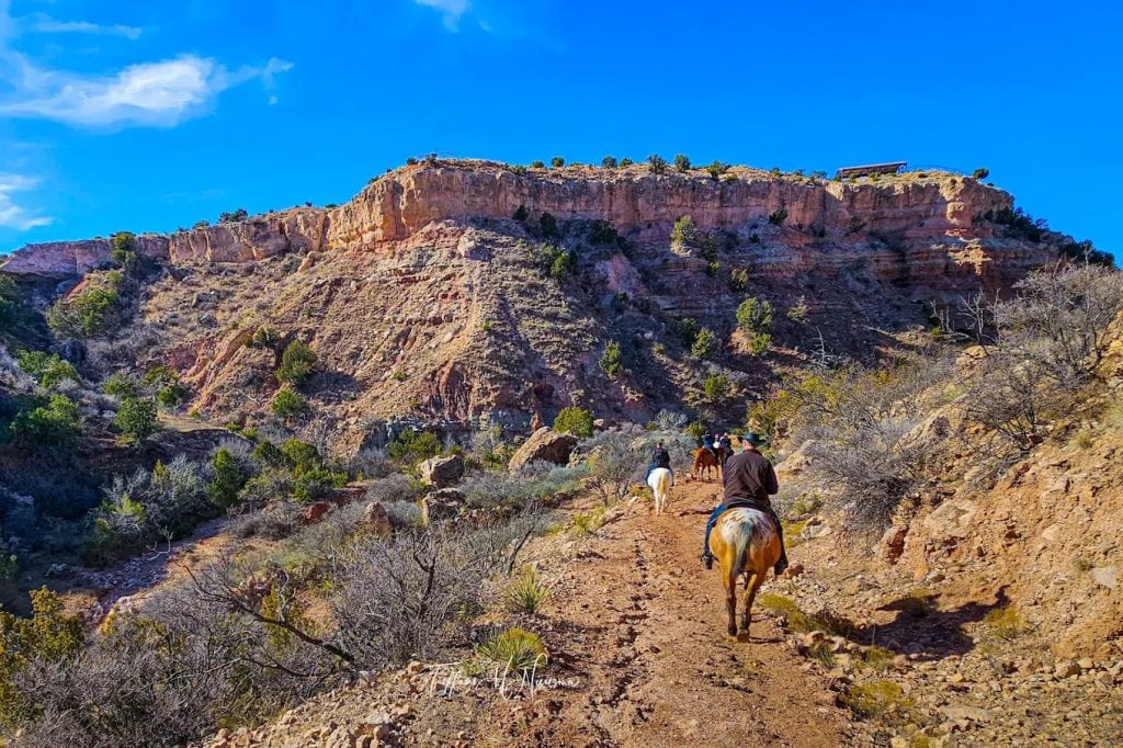 Trails winding through Palo Duro showcase riders on horseback, traversing scenic paths against dramatic canyon views. Credit: Tiff N