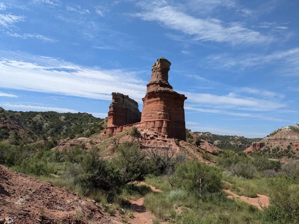 The famous Lighthouse Trail at Palo Duro is a favorite route for horseback riding, leading to the iconic rock formation. Credit: Alicia Berdan