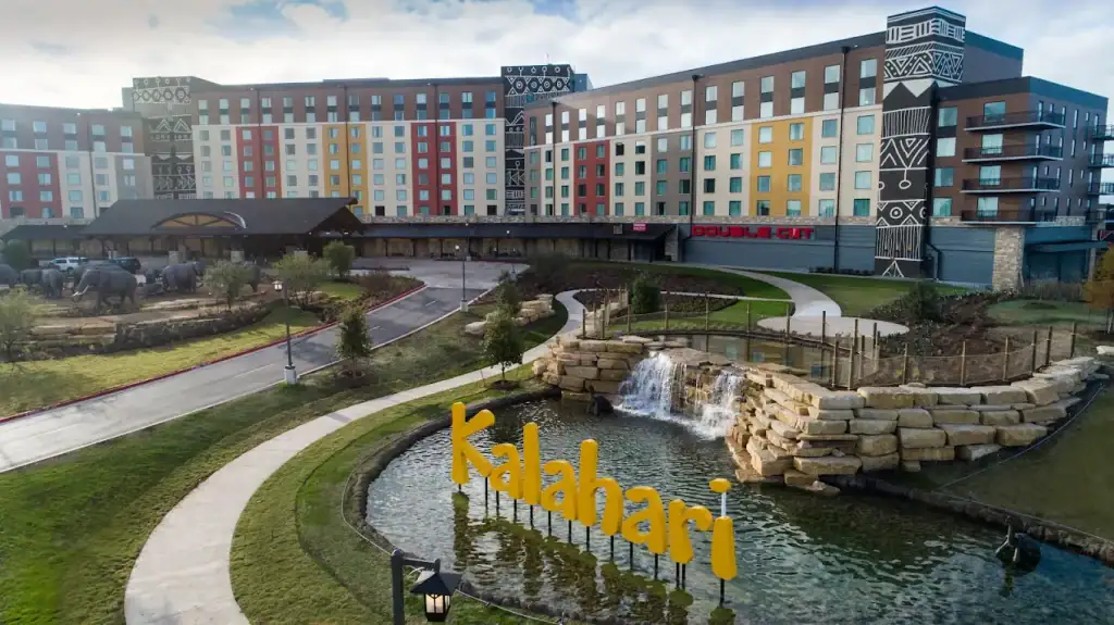 The grand façade of Kalahari Resorts & Conventions features its name proudly displayed at the fountain entrance. Credit: Kalahari Resorts & Conventions - Round Rock