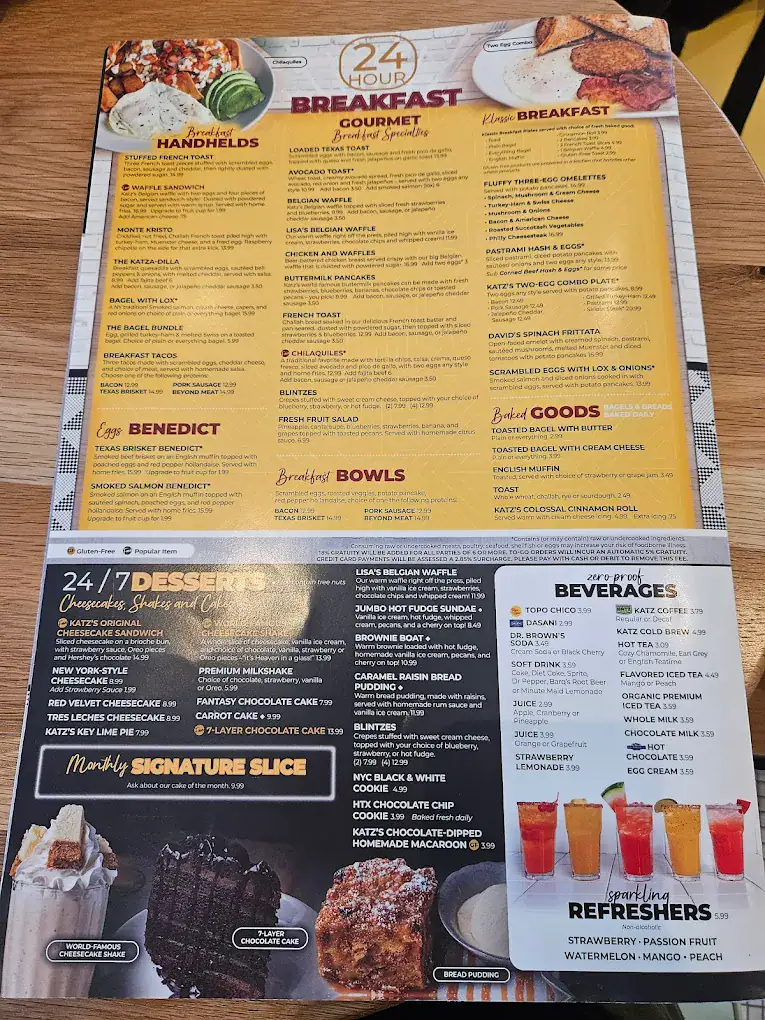 Katz’s menu highlights 24/7 breakfast and dessert options, proving indulgence is always on the table. Credit: Something Fishie (Felicia Cravens)