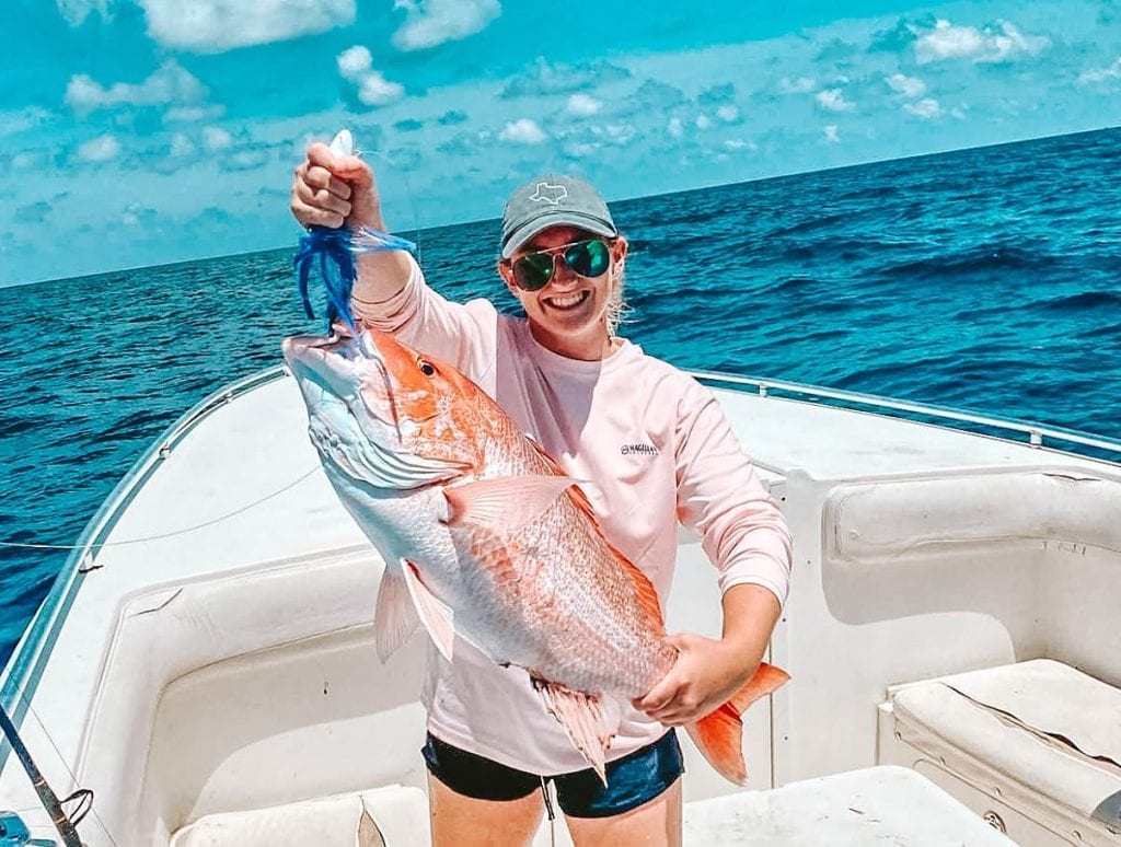 A massive snapper caught at Matagorda Beach—fishing is one of the main activities that locals and visitors come here for. Credit: @matagordabeach via Instagram